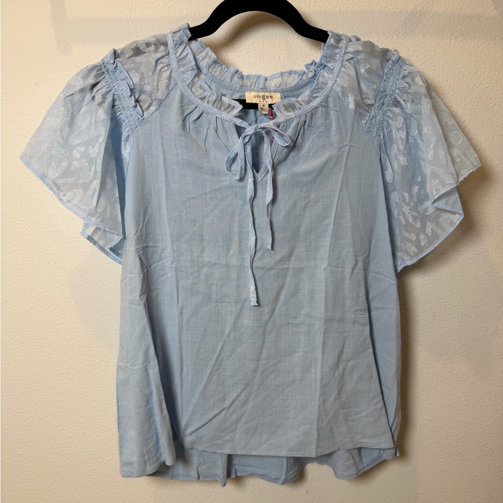 NWT Umgee Misty Blue Linen Mix Boho Fairycore M Ethereal Burnout Sleeve Top - Picture 4 of 10